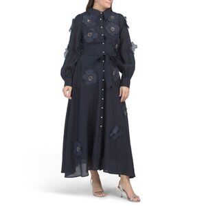 DALIA MACPHEE Navy Long Sleeve Floral Applique Maxi Dress